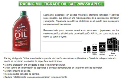ACEITE RACING 20W50 SL-CF 19 LTS #RALOY
