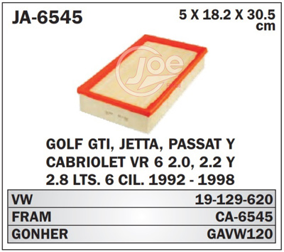 FILTRO AIRE VW GOLF GTI, JETTA =GAVW120 ((P-10) #JOE