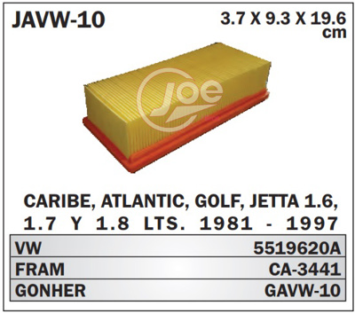 FILTRO AIRE VW ATLANTIC, JETTA =GAVW10 ((P-10) #JOE